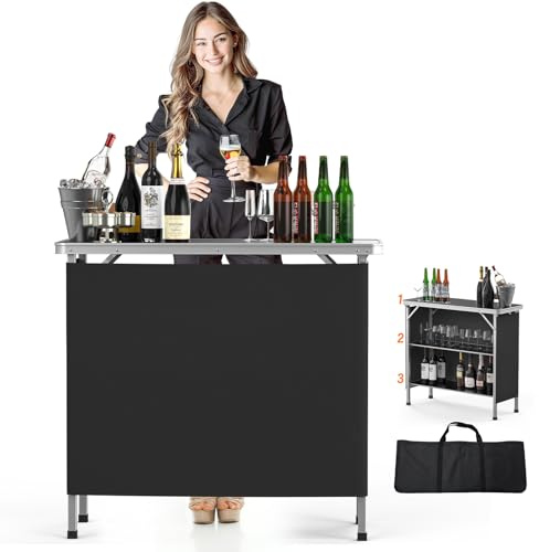 Bonnlo Campingtisch aus Aluminium, 2-stufige Ablage mit Oxford-Stoff, Outdoor Bartisch Klappbar, Tragbar, inkl. Tragetasche, 100,5 x 38 x 87,5 cm, bis 50kg, für Camping, Garten, Party & Picknick