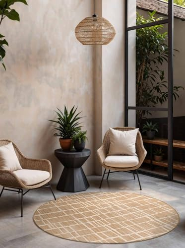 Ted Baker Flachgewebe Teppich Crouch Rund - Wendeteppich Outdoor geeignet, Pflegeleichter Wohnzimmerteppich, Modern, Abstrakt Muster für Wohnzimmer, Terrasse, Esszimmer, Balkon - Jute Weiß, Ø200 cm