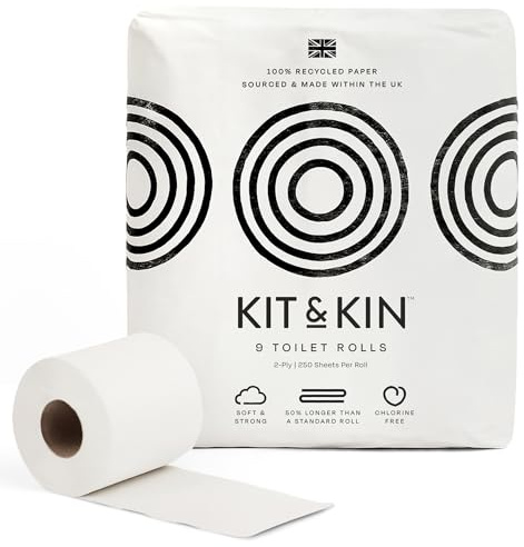 Kit & Kin Recycled Toilet Roll, 9-Pack with 250 Sheets per Roll | No Harsh Chemicals, Made in the UK, Soft & Strong Toilet Paper
