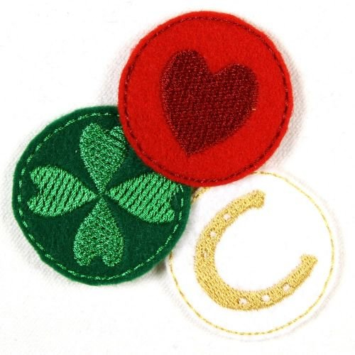 Flicken Bügelbild Aufbügler rund 3er Set klein 3,5cm Kleeblatt Herz Hufeisen Patches zum aufbügeln Applikation Bügelflicken