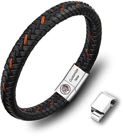 Casisto.J Lederarmband Herren Armband Herren Männer Leder Edelstahl Gravur Schwarz Braun Geflochten mit Magnet Verschluss (Schwarz, 19)