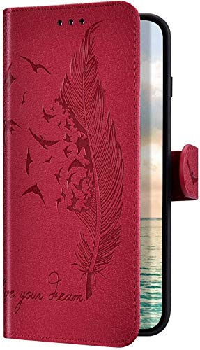 Uposao Kompatibel mit Huawei Y5 2019 Hülle Handyhülle Feder Vogel Muster Klapphülle Flip Case Schutzhülle Ultradünn Lederhülle Brieftasche Wallet Ledertasche Kartenfächer Magnet,Rot