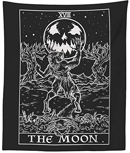 The Ghoulish Garb - Der Mond Tarotkarten-Wandteppich (Schwarz und Weiß) – Werwolf – Gothic-Halloween-Heimdekoration (203,2 x 172,7 cm)