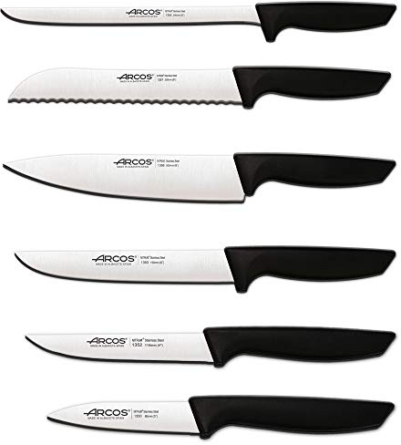 Arcos Juego Cuchillos Cocina Profesionales| Cuchillos Cocina Profesional | 6 pzas | Cuchillos Acero Inoxidable Mango Negro | utensilios de cocina serie Niza | Apto lavavajillas