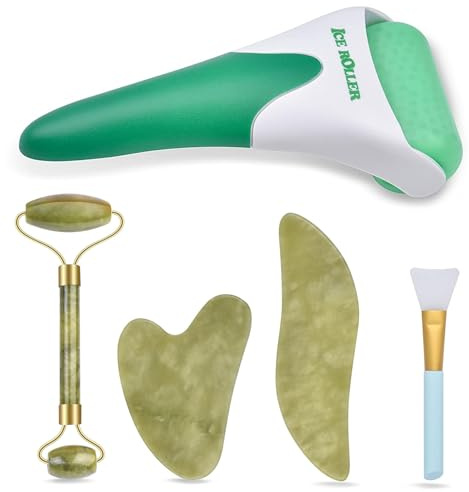 6 in 1 Ice Roller & Jade Roller & Gua Sha Set, Gesichtsmassage-Kits, Gesichtsroller Kit mit Gua Sha Werkzeug und Silikonbürste, Anti-Aging-Jadestein-Massagegerät für Gesicht, Augen, Nackenmassage von