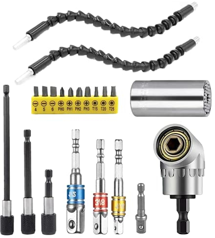 MXiiXM Extensión de broca flexible y juego de herramientas de llave de vaso universal, accesorio de taladro de ángulo recto de 105°, juego de adaptadores de enchufe universal de 14 38 12 pulgadas,