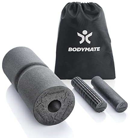 BODYMATE CARE with CORE Faszien Set bestehend aus Faszienrolle CARE 35x14cm Mittel-Hart mit umlaufender Rille, zwei kleinen Rollen mit glatter und genoppter Oberfläche 20x4,5cm Schwarz mit E-Book