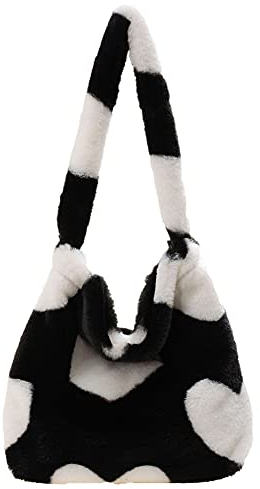GSenhui Damen Plüsch Handtasche, Große Kapazität Flauschige Tasche, Kunstfell Schultertasche Einkaufstasche mit Magnetschnalle für Uni Arbeit Mädchen Schule(Schwarzes Herz)