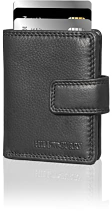 Hill Burry Leder Kartenetui I Wallet mit Münzfach & RFID-Schutz | Portemonnaie Herren & Damen | Kartenhalter Portmonee Portemonnaie klein I Geldbeutel Schwarz bis zu 10 Karten