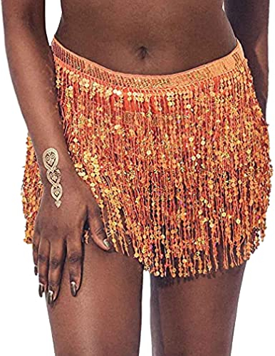 Bauchtanz Quaste Fransenrock Sexy Pailletten Rock Outfit Rave Rock Hüfttuch Kostüme Hip Glitzer Rock Franse Rock Glitzer Rock Karneval Kostüm (Einheitsgröße,Orange)