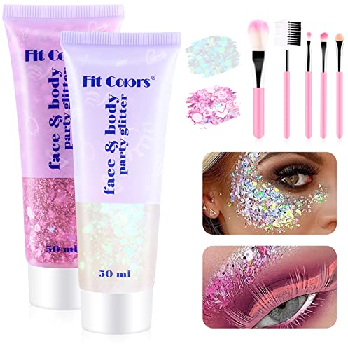 Glitter Gel 2 x 50ml, PAMIYO Glitzer Gesicht Body Pailletten Gesicht Glitzer für Face Haare Lippe Nagel Körper Meerjungfrau Pailletten Flüssiger Lidschatten Für festliche Anlässe (Weiß+Rosa)