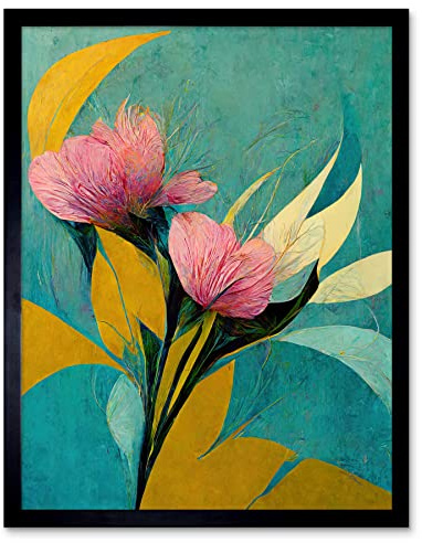 Wee Blue Coo Abstract Teal Pink Mustard Flower Floral Painting Art Print Framed Poster Wall Decor 12x16 inch