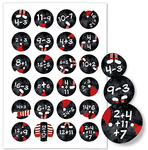 Adventskalender-Zahlen Aufkleber 1 bis 24 / Mathe Aufgaben Rechnen Schwarz Rot/Etiketten/Sticker/Weihnachtskalender/Advent/Rund/DIY/zum Aufkleben