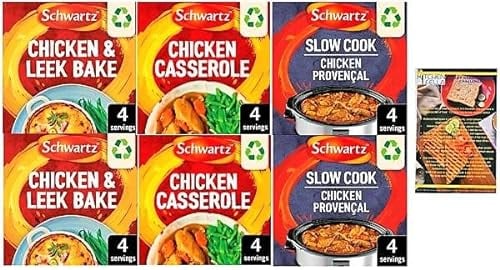 Schwartz Packet Mixes Chick & Leek Bake, Chick Casserole and Chick Provencal. Two Of Each Packet Mix. Also includes 14 Day Healthy Eating Challenge