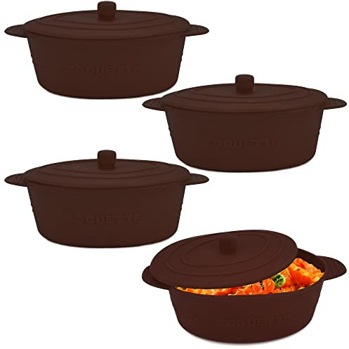 Backofen Dampfgarer / Auflaufform aus Silikon - 4er Set Braun - mit Deckel für die Zubereitung von Gemüse, Fisch, Fleisch oder Dessert - Spülmaschinengeeignet und Hitzefest von -40°C bis 200°C