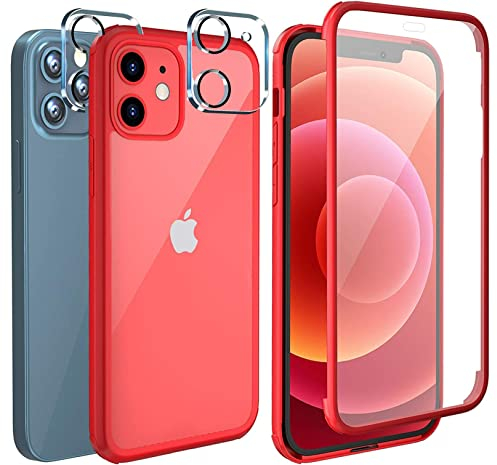 Leedia 360 Grad Handyhülle Kompatibel mit iPhone 12 Hülle + 2 Kameraschutz Ganzkörper Eingebauter Glas Displayschutzfolie Schutzhülle Transparent Clear Case für iPhone 12 Pro / 12 6.1 Rot
