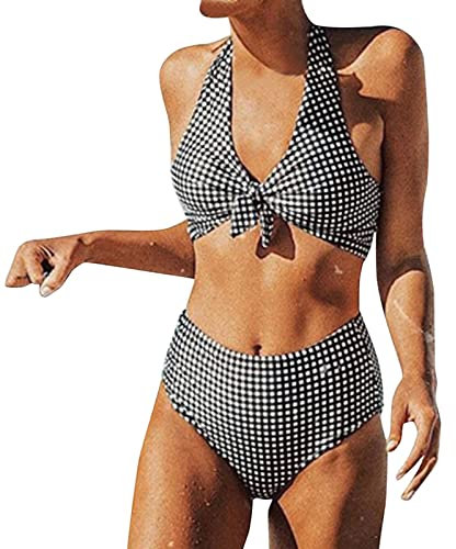 FNKDOR High waist Polka-Punkte Bikini Damen Set Sexy Push up Neckholder Zweiteiliger Badeanzug Lace Up Swimsuit Bademode