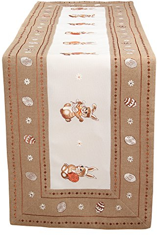 Quinnyshop Osterhasen Ostereier lila Blumen Stickerei Tischläufer Tischdecke Größe wählbar Polyester, Weiß (45 x 130 cm)