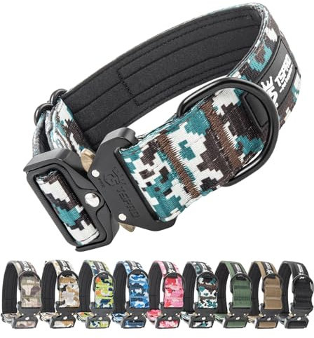 TSPRO Premium Hundehalsband mit Patch Dickes Verstellbares Taktisches Hundehalsband Schwere Ausführung Schnellverschluss Metallschnalle für Mittelgroße bis Große Hunde (Camo Cyan L)