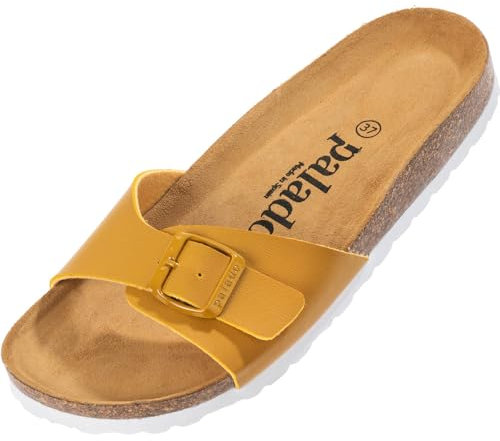 Palado Pantoletten Damen Malta Matt – gefertigt in Spanien – Veloursleder-Decksohle – matte Oberfläche – Weichfußbett für besten Komfort Senf UK4,5 - EU37