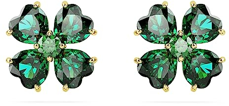 Swarovski Idyllia Ohrstecker, Grüne und Vergoldete Ohrringe mit Glücksklee-Motiv aus Strahlenden Swarovski Kristallen