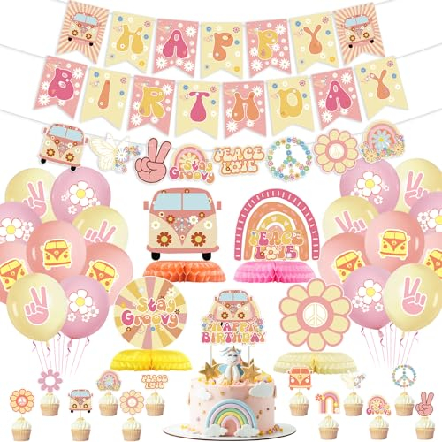 Hippie Party Dekorationen - Groovy Party Dekorationen inklusive Transparent, Hippie Girlande, Gänseblümchen Ballons, Regenbogen Ballon, Kuchen Cupcake Toppers Boho Dekoration für Party Dekorationen
