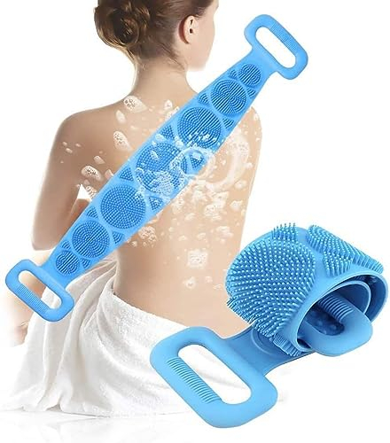 PARENCE - Brosse de Bain Double Face en Silicone pour le Coprs/Double Poignées, Extensible, Exfolient, Nettoyage en Profondeur/Massage, Douche, Lavage Dos - Bleu, 60cm de Base