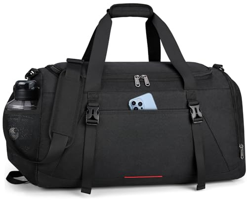 Gym Sports Bag for Men Large 55L Travel Duffel with Wet Pocket Shoe Compartment Water Resistant Holdall Weekend Overnight Bag Black