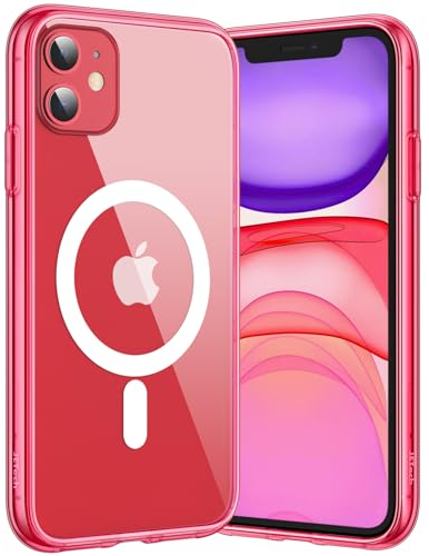 JETech Magnetisch Hülle für iPhone 11 6,1 Zoll Kompatibel mit MagSafe Kabellosem Laden, Stoßfeste Stoßstange Handyhülle, Kratzfeste Transparente Rückseite (Rot)