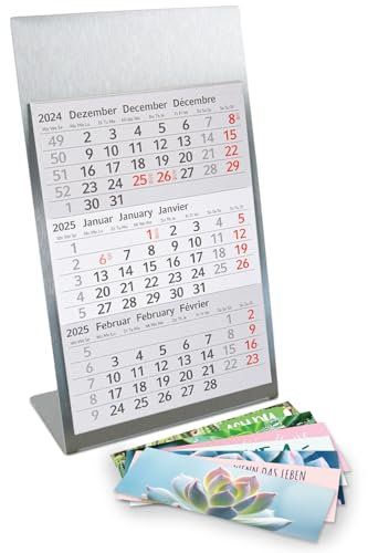 Timr Tischkalender zum Aufstellen aus Edelstahl I Kakteen-Motiv I für 2 Jahre 2025/2026 I Hochformat 105 x 230 mm I 3-Monatsübersicht mit Block Magneten I mehrsprachig D/GB/F I 7 Motive I tr204