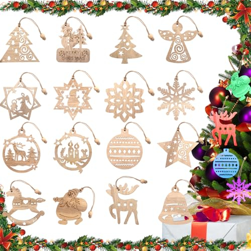 IKKAB 16 Stück Weihnachtsbaum Anhänger, Holz Weihnachten Deko Weihnachtsdeko Schneeflocken Holzanhänger Weihnachtsschmuck, für DIY Weihnachtsdekoration Schneemann Elch Engel Christbaumschmuck zum