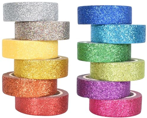 SAVOSWEET 12 Rollen Washi Tape Set Bunte Glitzernde Bänder DIY Papier Tape Dekrativer Klebeband Bastelband für DIY Handwerk, Bullet Journals, Scrapbooking, Planer(15mm x 2m)