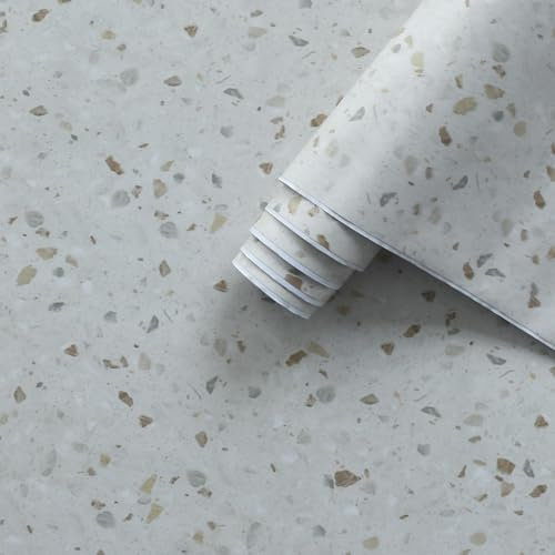 JSEVEM 80CM×4M Extra Wide Thick Terrazzo Pattern Marble Wallpaper Peel Stick Waterproof Glossy Textured Multi-Color (Green/Brown/Beige) Marble Contact Paper Granite Furniture Tile Sticker for Walls