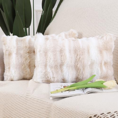 Madizz 2er Set Sanft Plüsch Kurze Wolle Samt Dekorativ Zierkissenbezüge Luxus Stil Kissenbezug für Sofa für Schlafzimmer Weiß Beige 30x50 cm