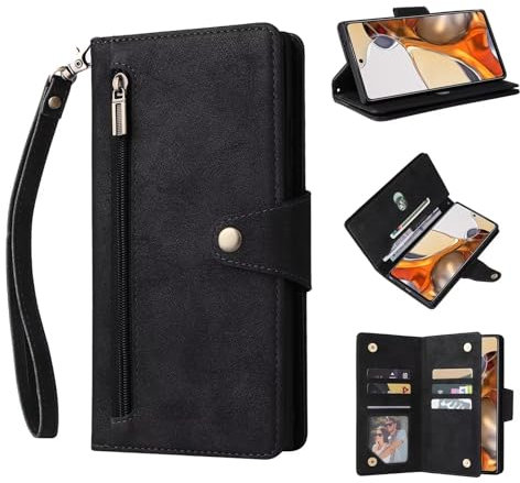 ESONG Geldbörsen Handyhülle für Xiaomi 13T 5G/13T Pro 5G,PU Leder Reißverschluss klappbar Schutzhülle mit Kartenfächern/Stand/Magnetverschluss/Handschlaufe/Handgelenkschlaufe -Schwarz