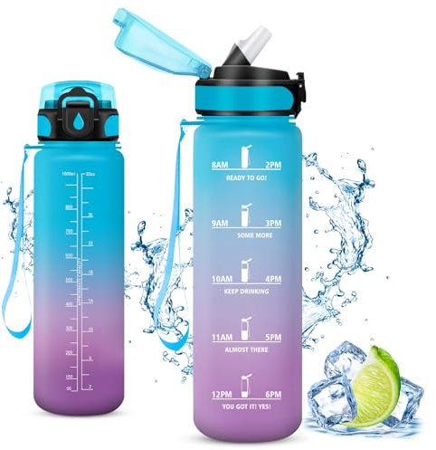 Vikaster 1000ml Trinkflasche, 1L Auslaufsicher Kunststoff Wasserflasche, Ideale Sportflasche - Sport, Fahrrad, Fitness, Outdoor, B-blau+lila