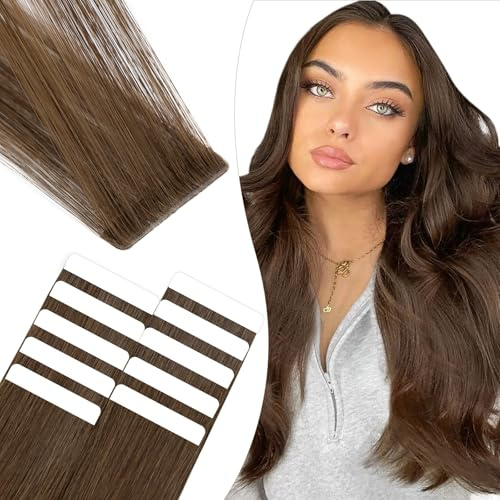 Elailite Tape Extensions Echthaar #04 Schokobraun, 10 Stück Unsichtbar Kleber Haarverlängerungen 20g, 35cm Genähtes Haar Glattes Invisible