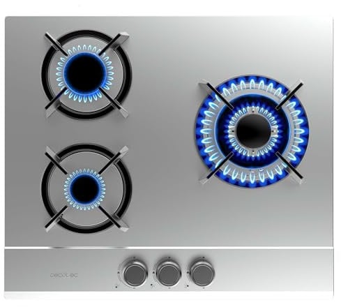 Cecotec Placa de Gas Butano y Natural 3 Fuegos Bolero Squad G 3200S Inox. 6250W, Acero Inox, Parrillas Individuales Hierro Fundido, Quemador WOK Triple Corona, Encendido Eléctrico, Sistema Seguridad