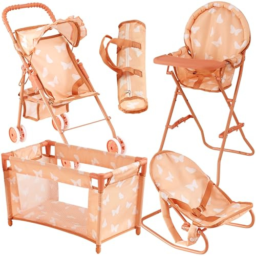 4-in-1 Baby Doll Stroller Set with Butterfly Design – Includes Toy Stroller, Crib, Bouncer & High Chair – Doll Accessories & Baby Doll Furniture Set for Toddlers 3-4 Years – Fits Dolls up to 18 Inches