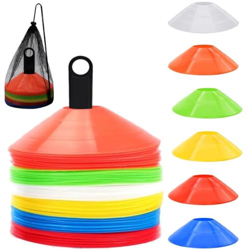 LATERN 60 Stück Markierungsscheibenkegel, 19CM Fußball-Trainingskegel Sport-Sicherheits-Markierungskegel mit Tragetasche und Halter für Beweglichkeit Fußarbeit Basketball Fußball Sport (6 Farben)
