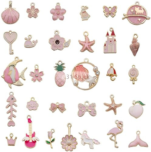 31 Stücke Gemischte Emaille-Charm-Anhänger, Süße Rosa Öltropfen-Anhänger Halskettenzubehör Schmuck Herstellen DIY Basteln Charms Anhänger-Set Halskette Armband Making Zubehör Mädchen Geschenke