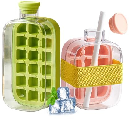 LCBDYLR Botella de Cubos de Hielo de 2 Piezas, Hielo y Taza de Agua en una, Taza de Botella de Hielo con Paja, fácil liberación de Hielo para Bebida de Jugo del congelador Green+Red