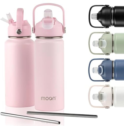 moon bottles - Insulated Water Bottle with Straw - Stainless Steel Sports Drink Bottle, Thermal Flask, 24hr Cold, 12hr Hot, Double Walled, Metal Straw, Silicon Spout, UK Company (500ml, Pink)