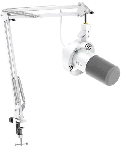 Fifine Microfono Podcast Bianco, Kit con Brazo Boom, XLR/USB per PC/Mixer, Microfono Gaming con Jack 3.5mm - K688CTW