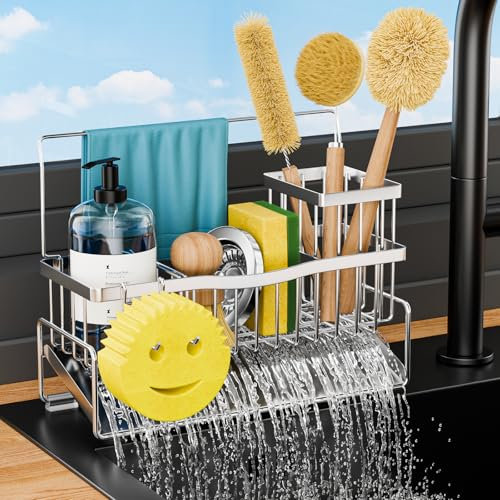 Adurei Organisateur Evier Cuisine Acier Inoxydable Rack Auto Drainant Porte Eponge Evier Cuisine avec Brosse Haute Rack éponge Crochet Porte Serviettes et Amovible Diviseur, Argent