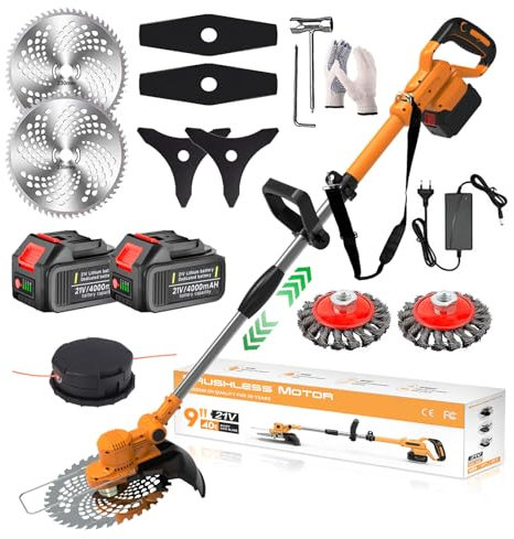 Rasentrimmer mit Akku und Unkrautbürste Bürstenlose Akku Rasentrimmer für Makita-Akkus mit 5 Klingentypen und 2X4.0Ah Akku 4 in 1 Akku Freischneider mit Unkrautbürste Teleskopisch,Orange,F