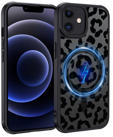 XTCASE für iPhone 12 Hülle Magnetisch kompatibel mit Magsafe, Aesthetic Leopard Muster Mädchen Case Matt Transluzente Handyhülle Kratzfeste PC Rückseite + TPU Bumper - Schwarz