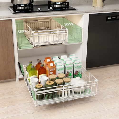 NETEL 2 Stück erweiterbar ausziehbare schublade küche,teleskopschublade | küchenschrank organizer ausziehbar schubladen，Kleben oder Schrauben,Verstellbare Breite 33-51cm ,Tiefe 38cm ,Weiß