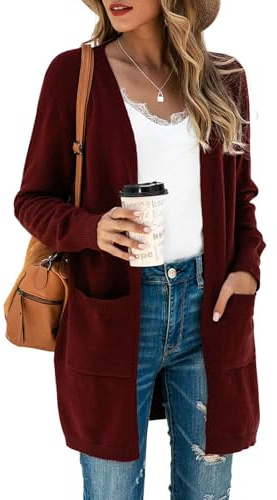 Saodimallsu Strickjacke Damen Lang Leicht Cardigan Langarm Open Front Strickpullover Einfarbig Freizeit Strickmantel Outerwear mit Tasche