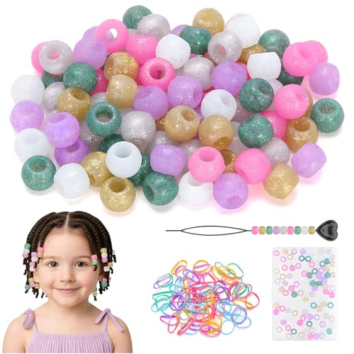 FrostyFlair Glitzernde Silikon Haarperlen, 72 Stück 6 Farben Weich Haarschmuck Mädchen, Haarperlen zum Klipsen mit Elastischen Gummibändern, Haarclips, Perlen Kinder